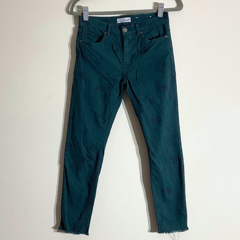 Loft Forest Green Jeans with Navy Blue Floral Print